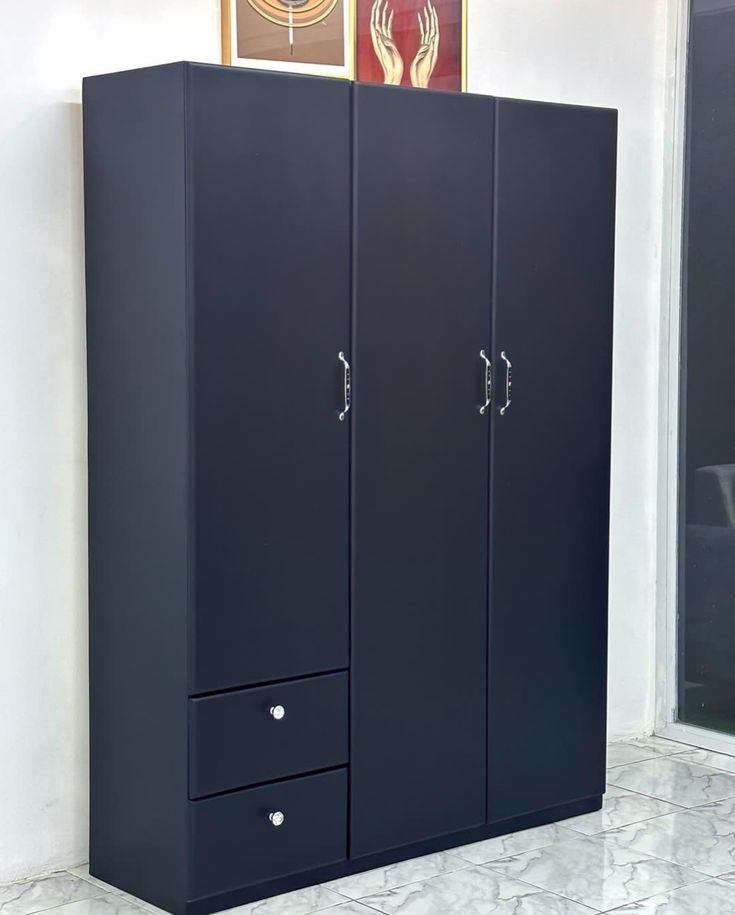 3-Door Matte Black Wardrobe with Drawers