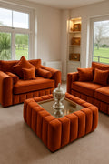 Burnt Orange Velvet Sofa Set with Ottoman Coffee Table