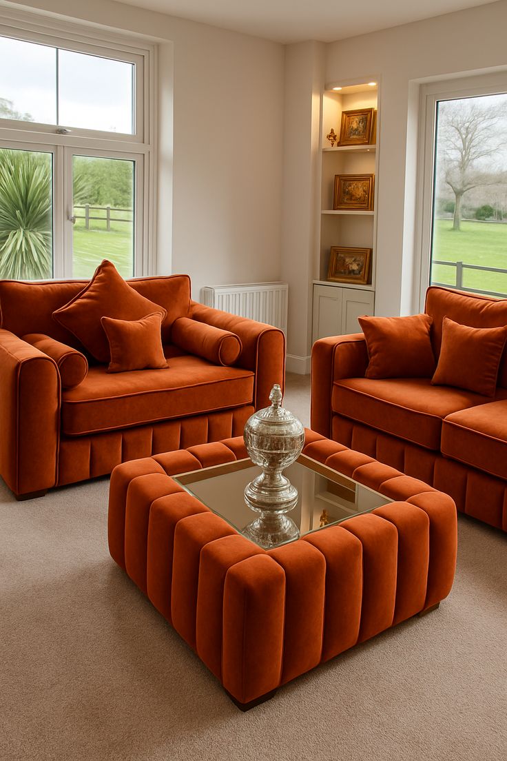 Burnt Orange Velvet Sofa Set with Ottoman Coffee Table